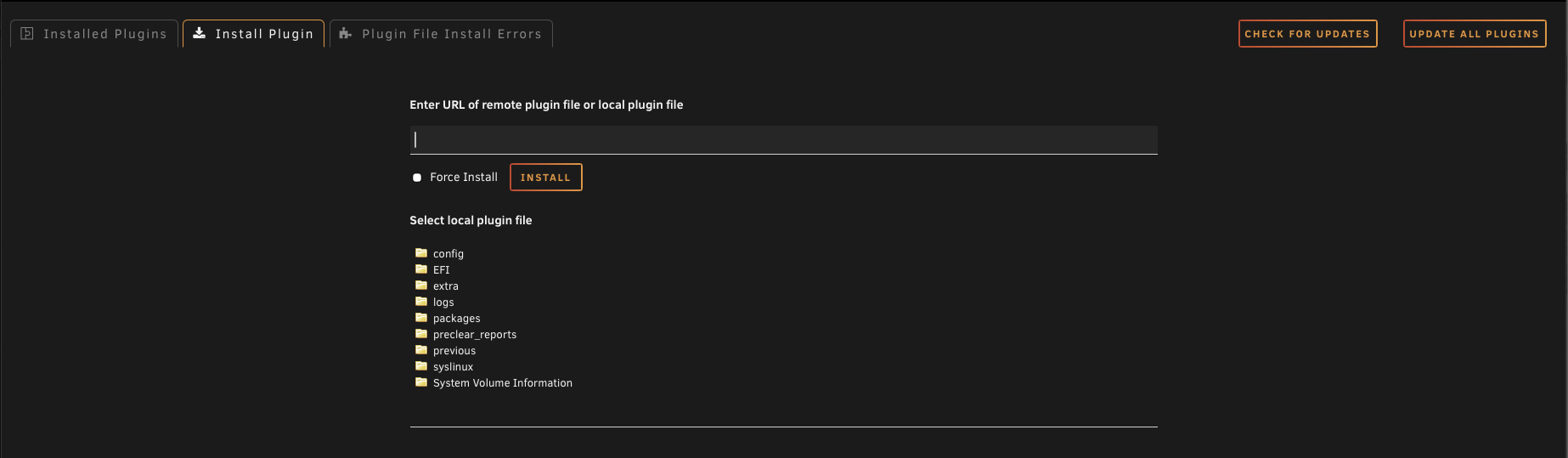 Install Plugin screen in Unraid, with the plugin URL field filled in.