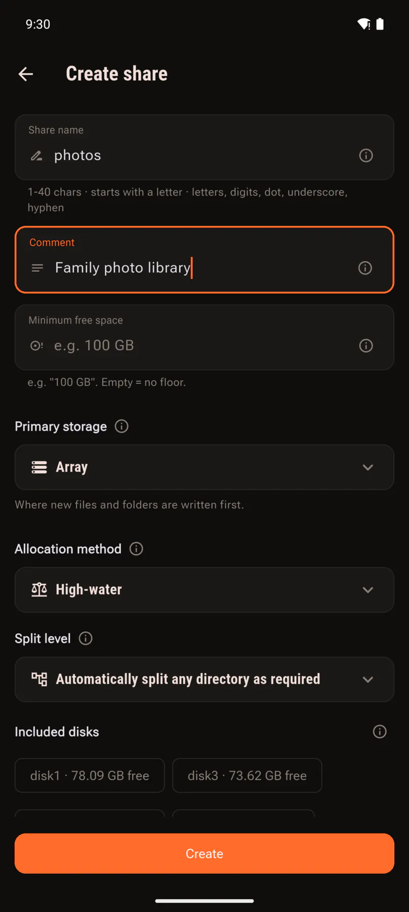 Create share form with name, allocation method and included disks.