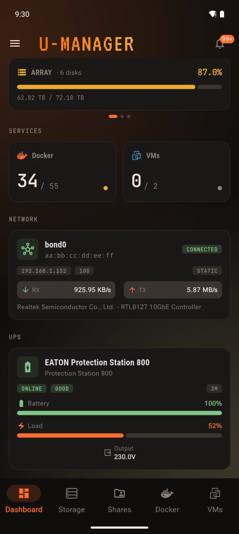 Dashboard cards for RAM, array, Docker, VMs and network throughput.