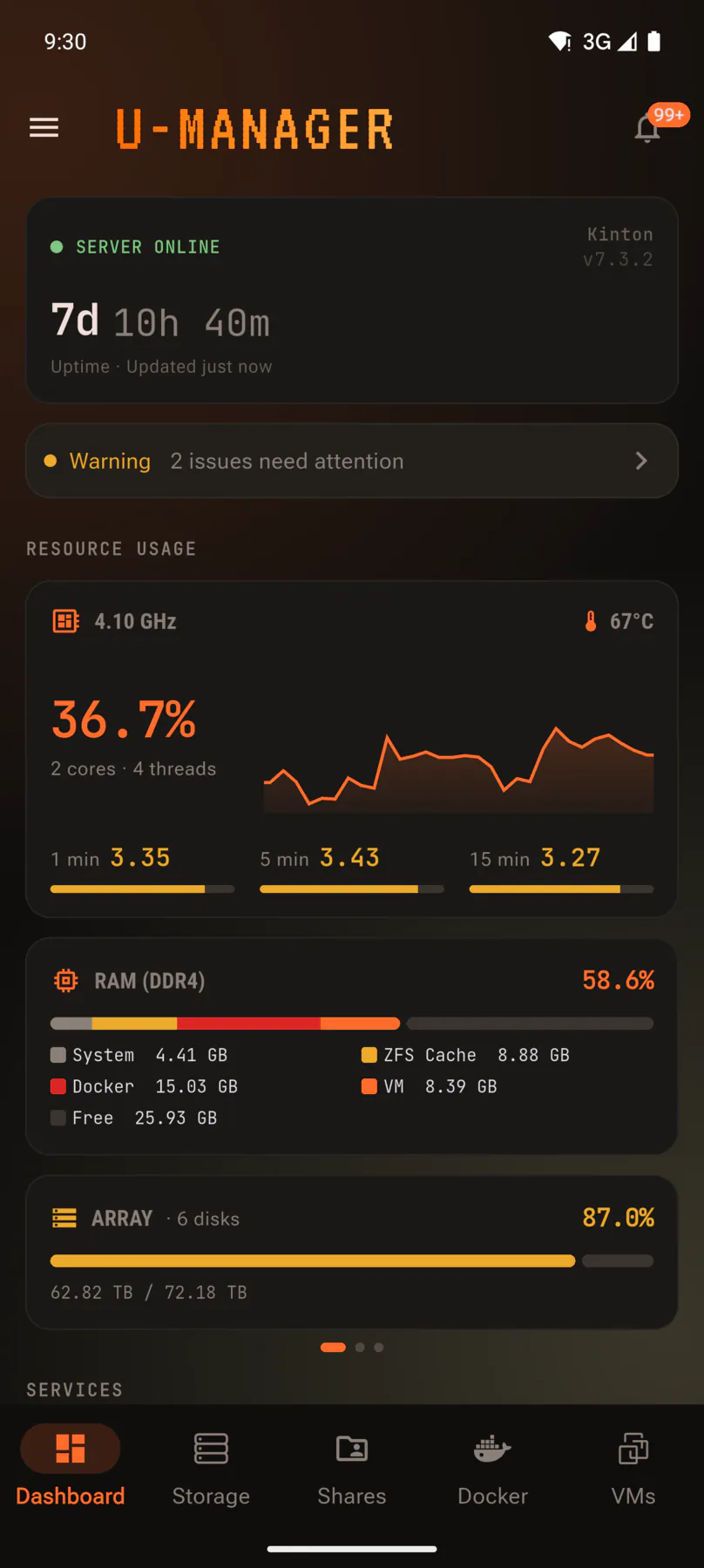 U-Manager dashboard showing uptime, CPU, RAM and disk usage.