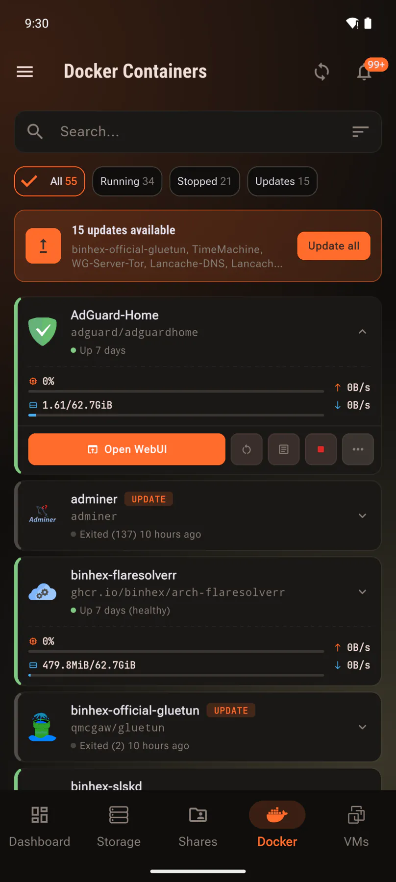 Expanded container showing Open WebUI, restart and stop buttons.