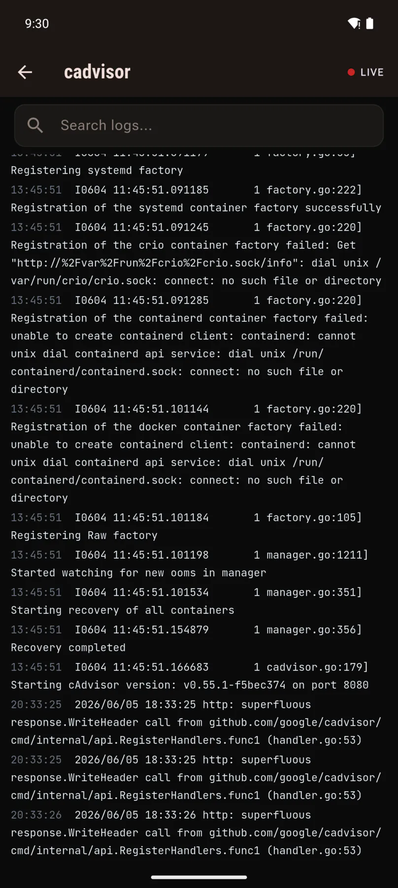 Live container log output with a search box.