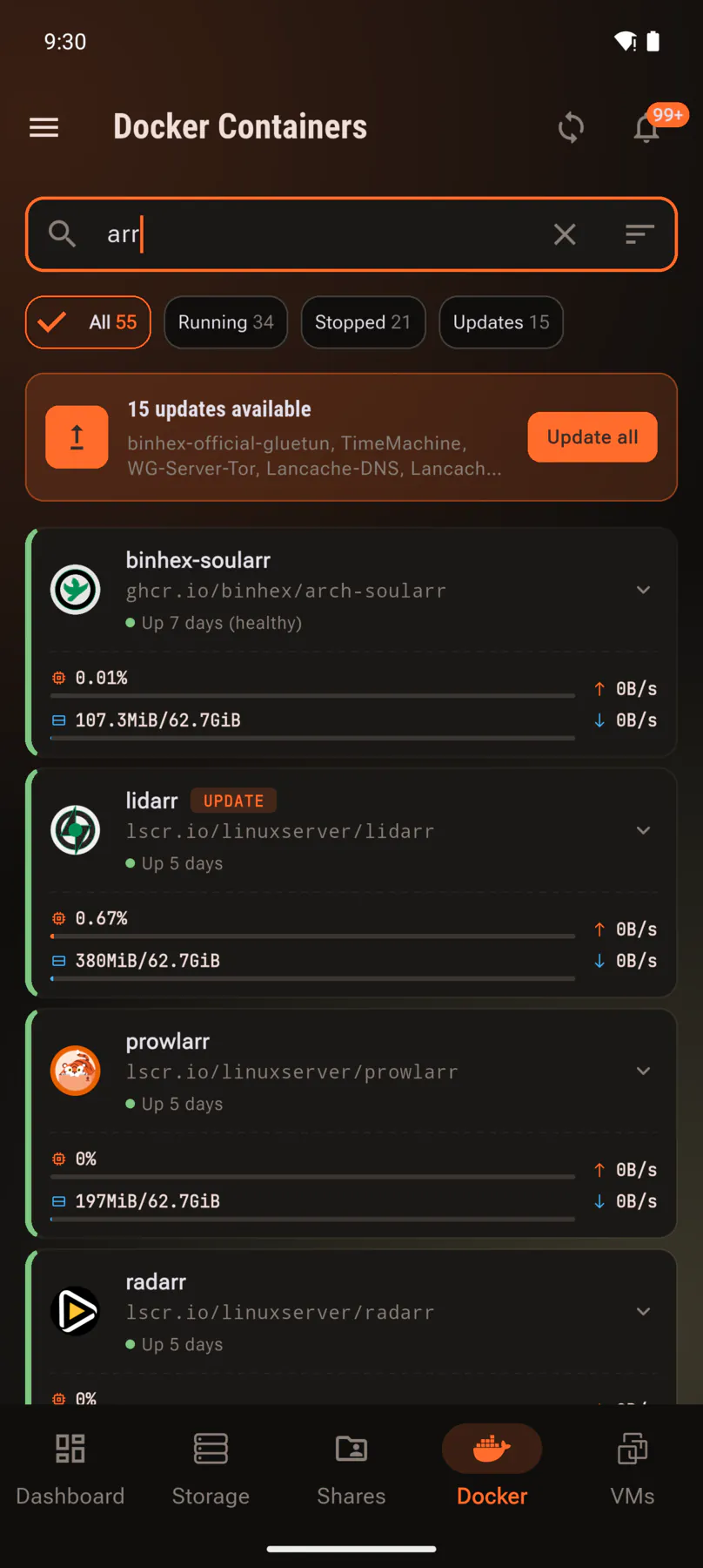 Container list filtered by a search term.