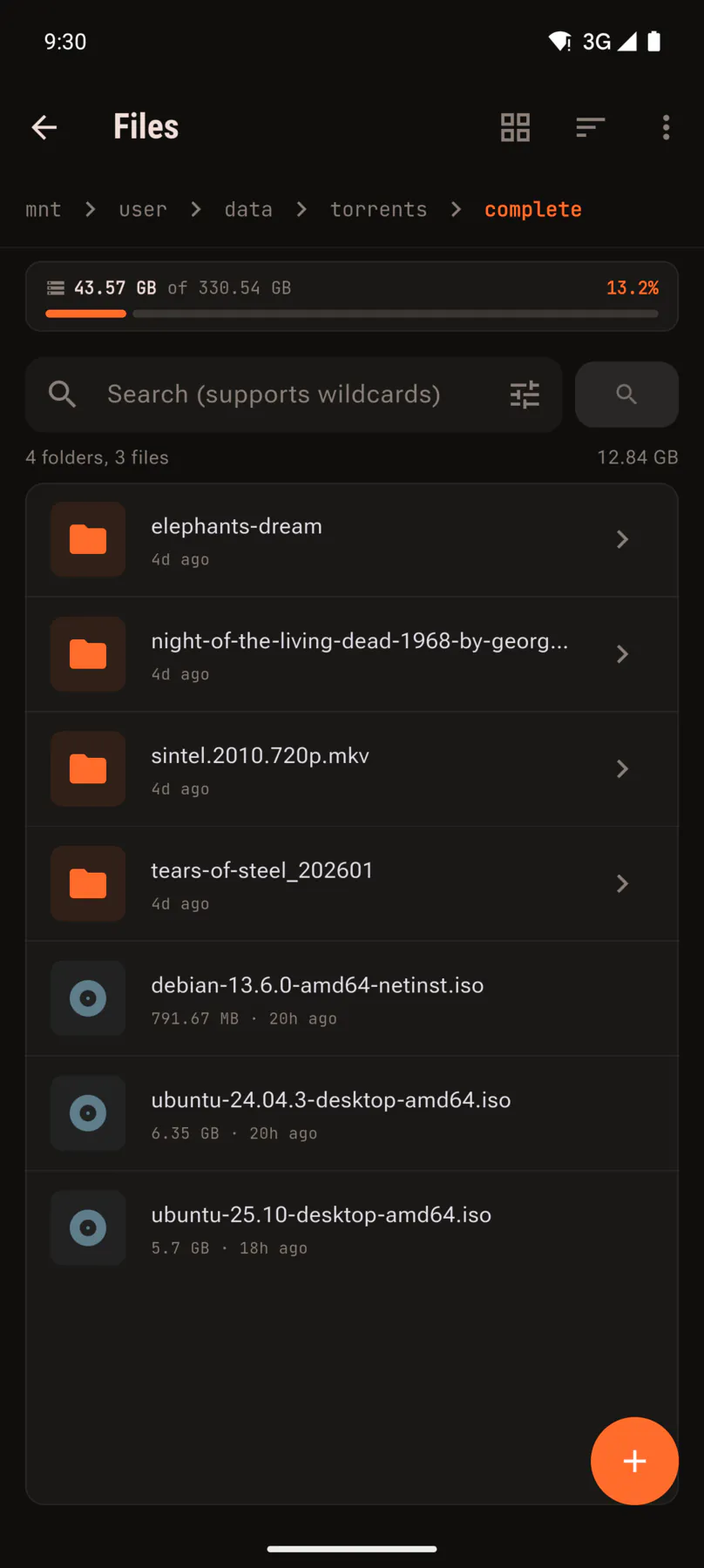 File browser listing folders and files with sizes.