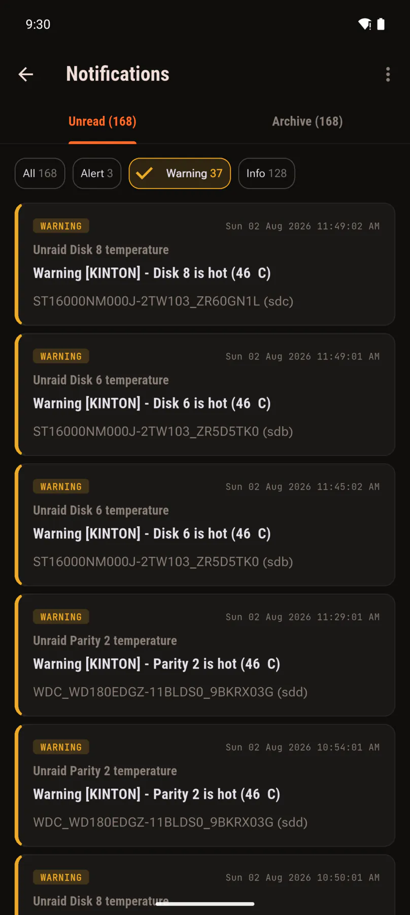Notification list filtered down to warnings only.
