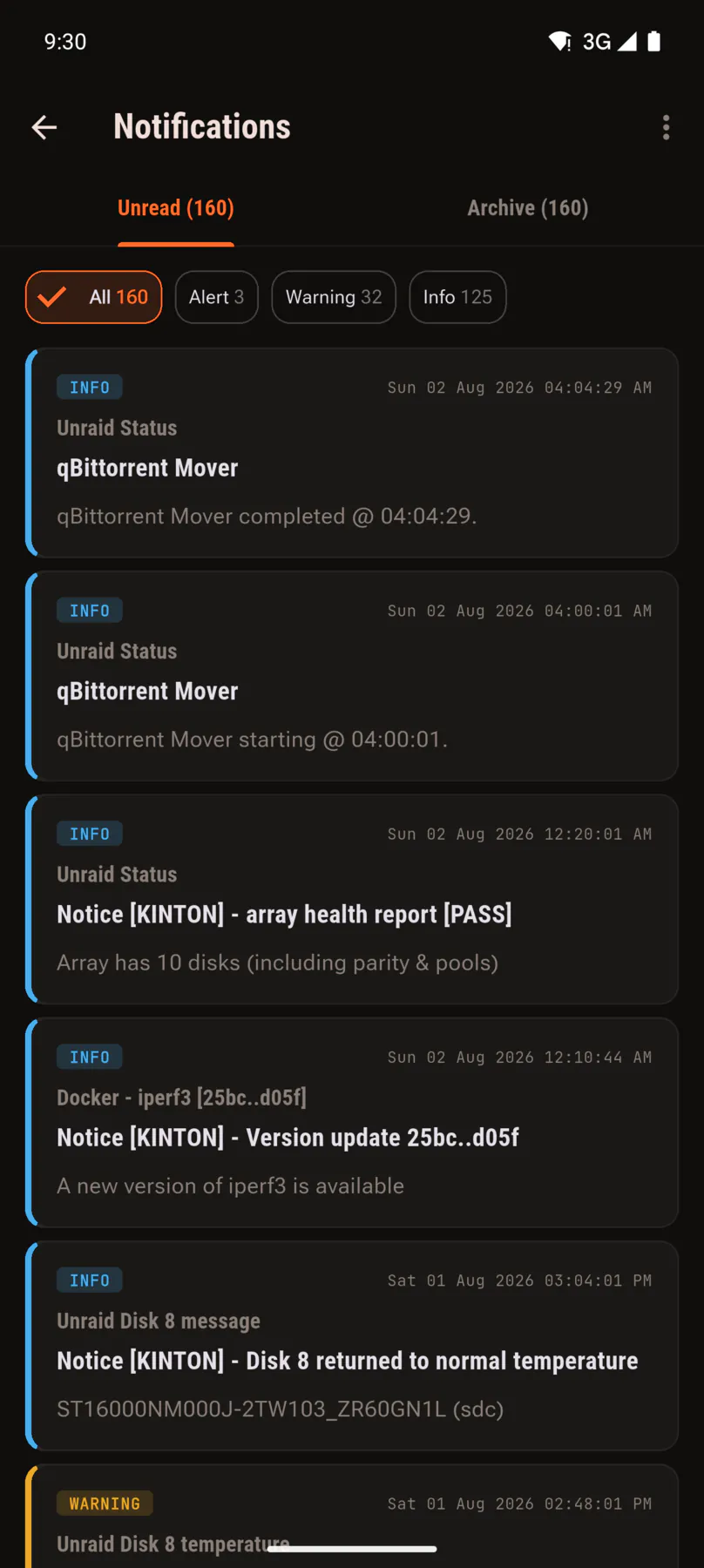 Notification centre with unread server notices.