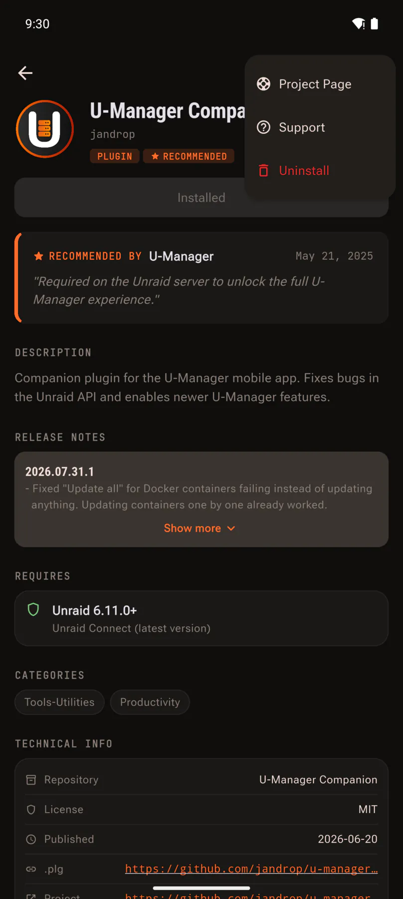 Plugin page with release notes and a menu offering uninstall.