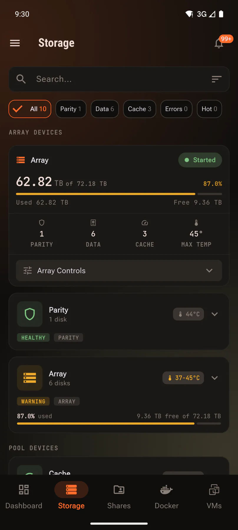 Storage view with array, parity and temperatures.