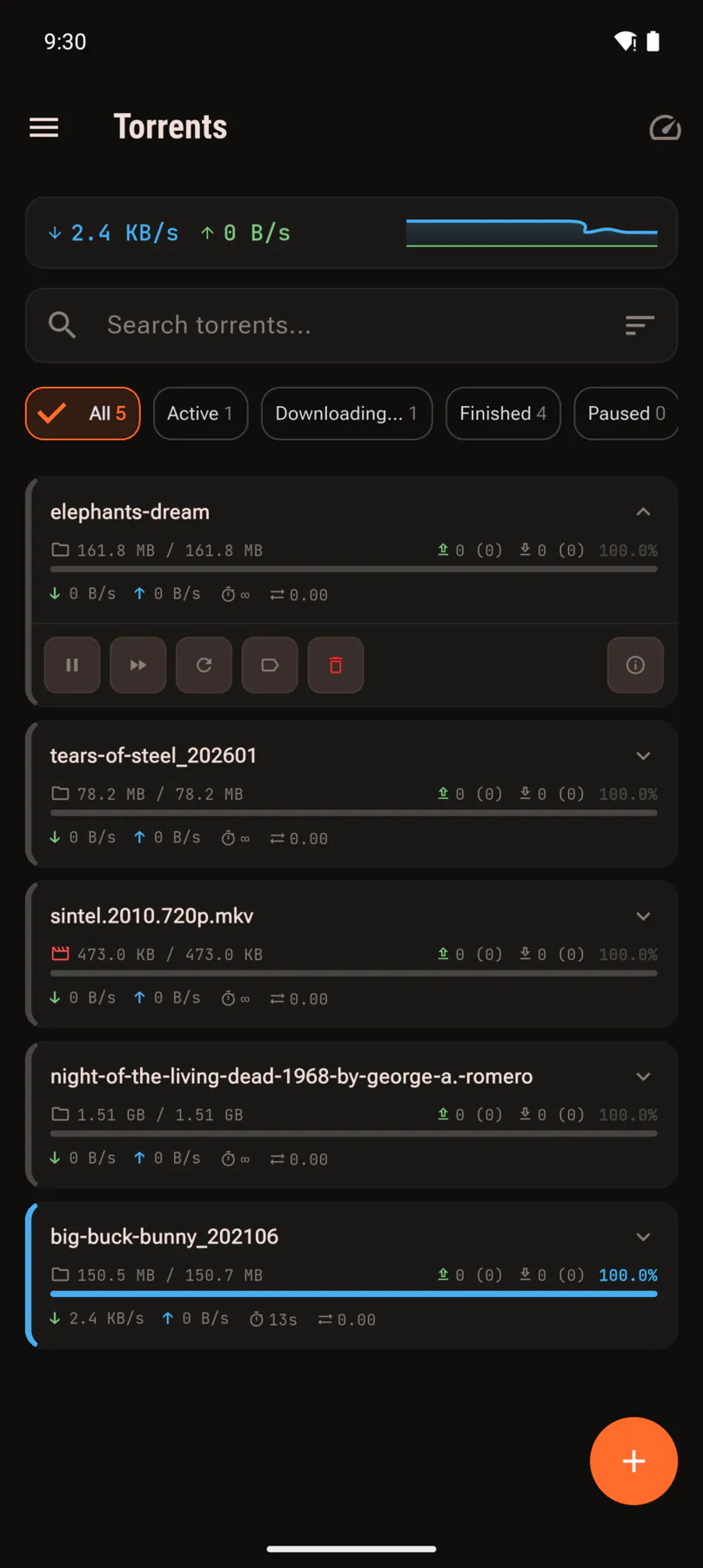Expanded torrent showing pause, resume and remove controls.