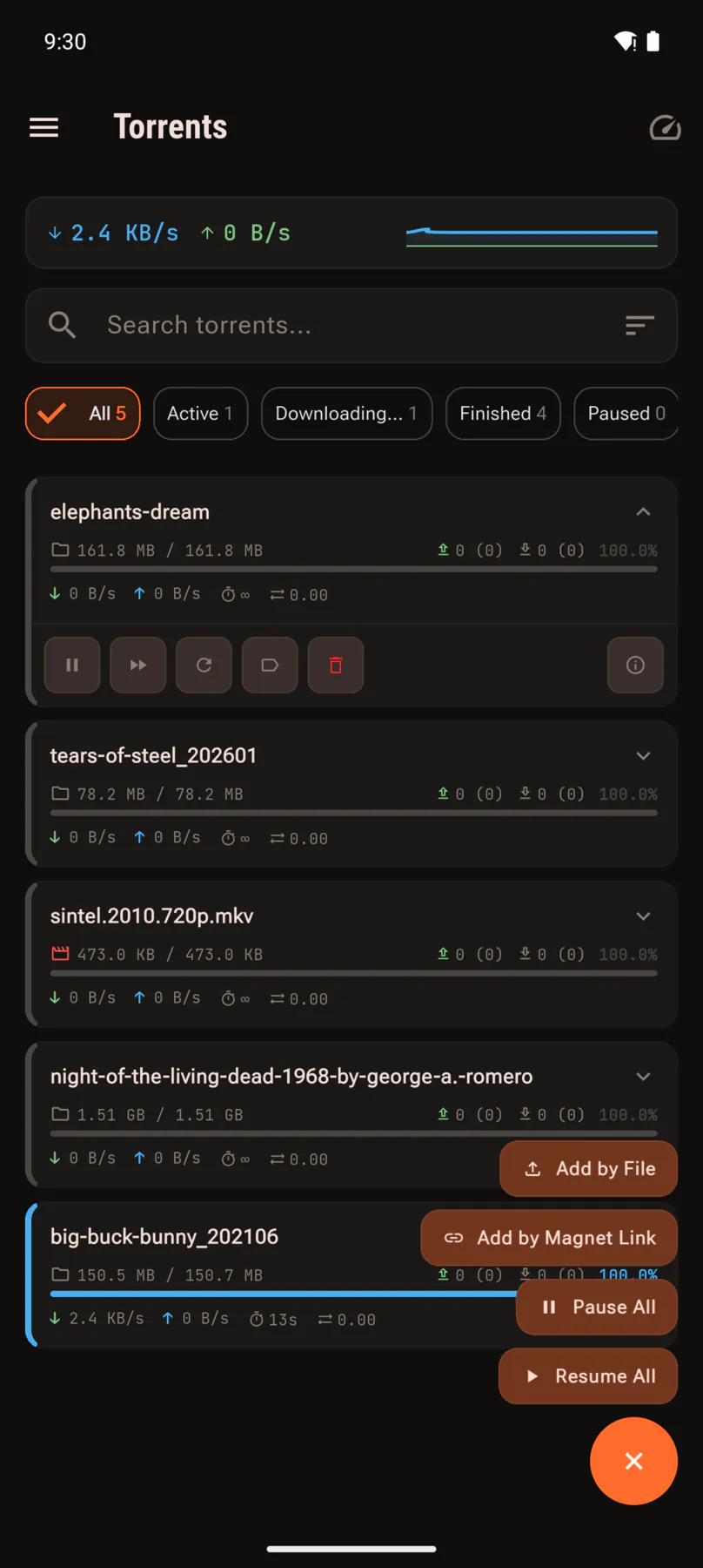 Menu offering add by file, add by magnet, pause all and resume all.