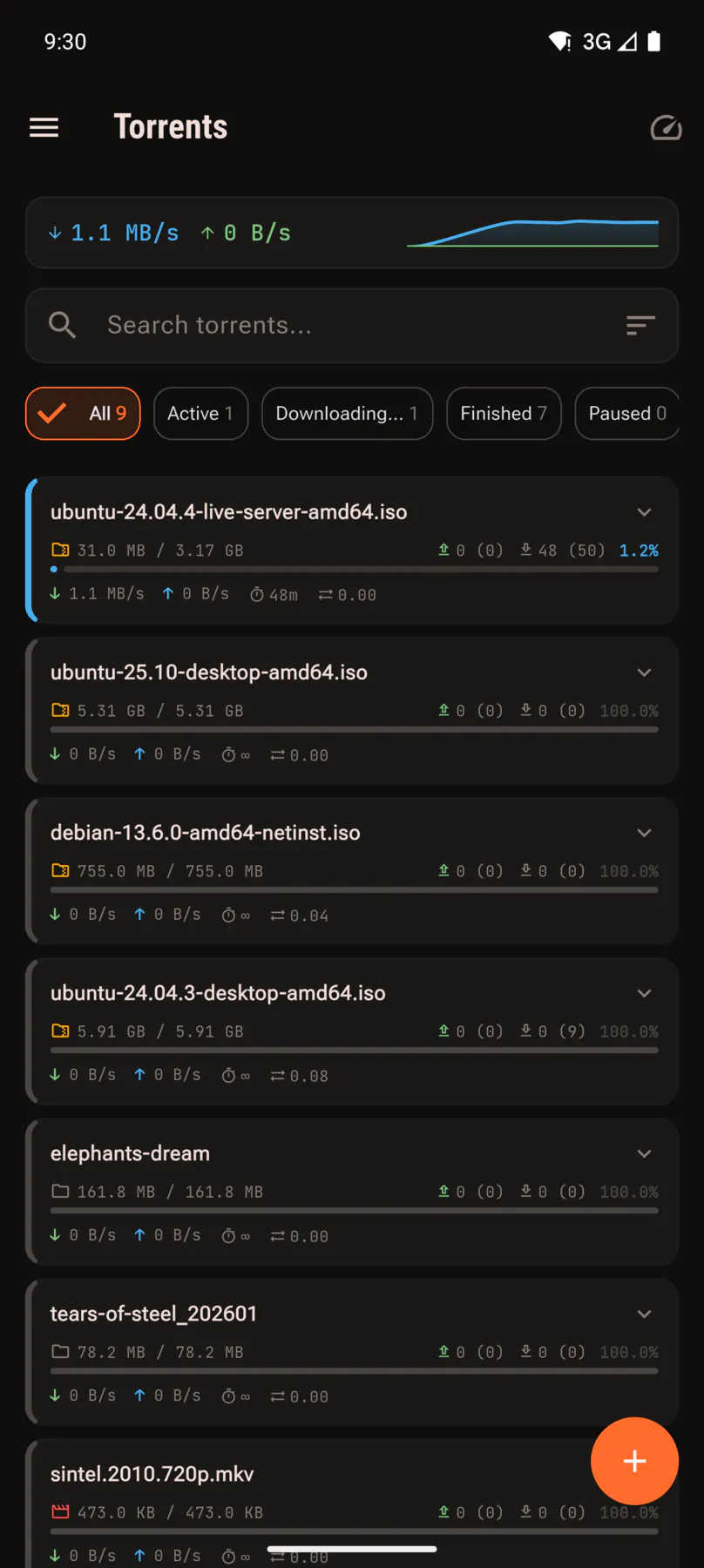 Torrent list with live download speeds and progress.