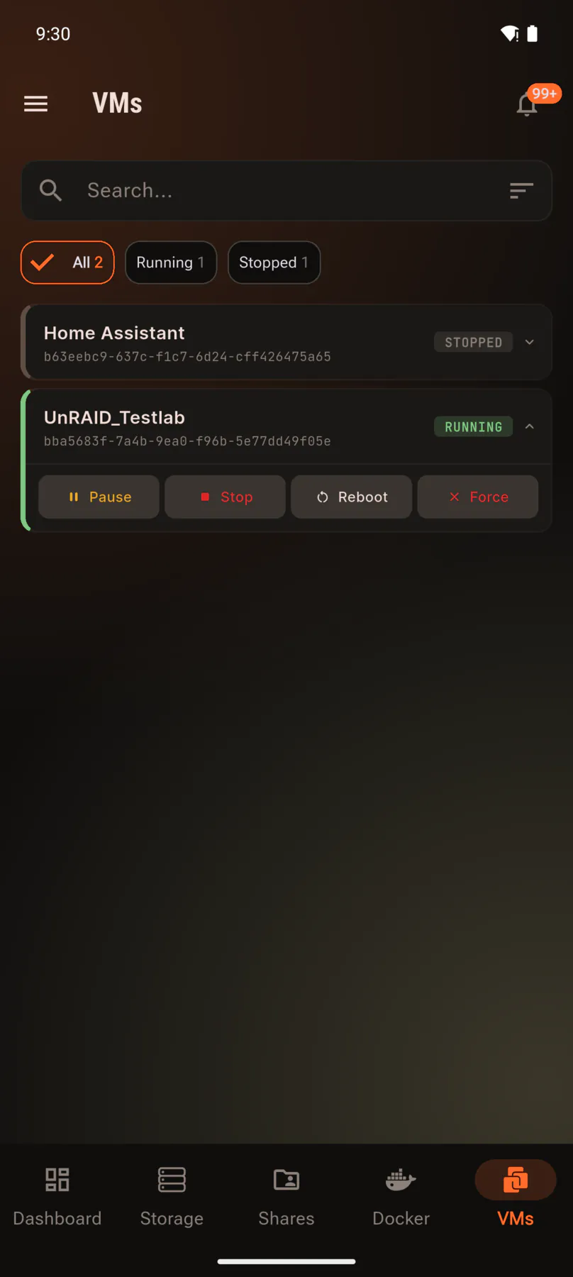 Expanded virtual machine showing pause, stop, reboot and force controls.